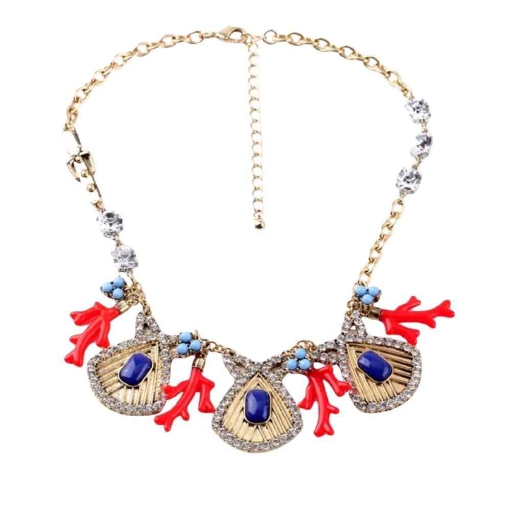 Shell & Coral Statement Necklace – 16"+4" Gold Tone with Resin & Crystal Accents